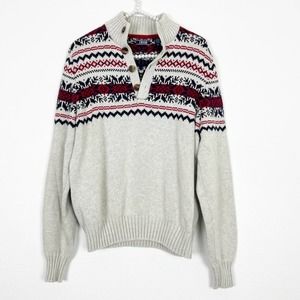 Izod Fair Isle Henley Sweater Gray Red Oversized Size Small